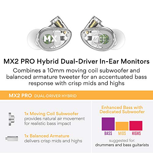 MEE audio Professional MX2 PRO Dual-Driver Hybrid Musician's in Ear Monitor Headphones with Dedicated Subwoofer for Realistic Bass, Noise Isolating Earphones with Detachable Cables, Transparent - Image 3