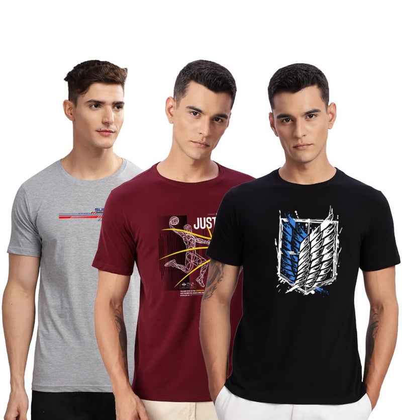 ADRO 100% Cotton Lycra Tshirts for Men Combo Pack of 3 | Regular Fit | Printed T Shirt | Round Neck Half Sleeve| Mens Tshirts|RCM3_Winn-BL_BCL-MR_RAC-GR_M - Image 1