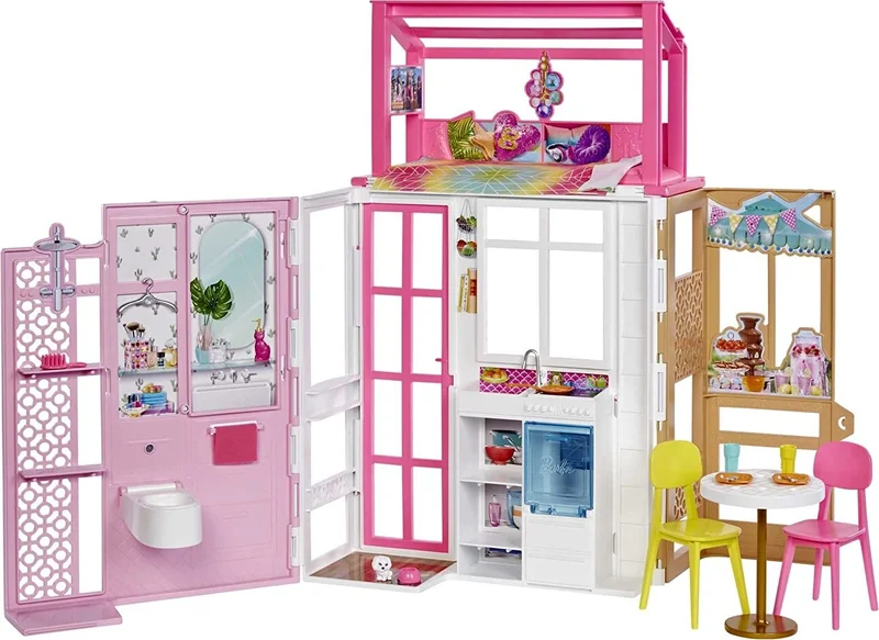 Barbie 's Portable Portable House, 2 floors and 4 playgrounds, furnished house including puppies and accessories, 3 years and older HCD47