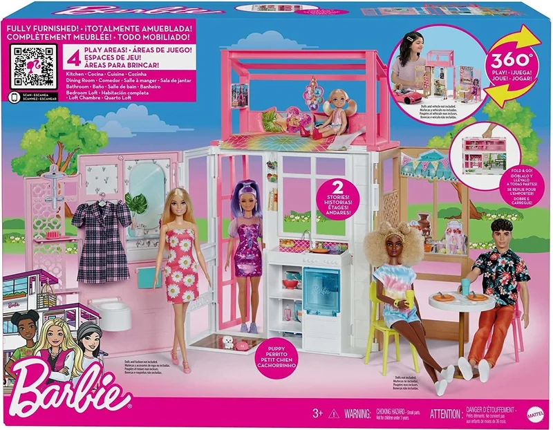 Barbie 's Portable Portable House, 2 floors and 4 playgrounds, furnished house including puppies and accessories, 3 years and older HCD47