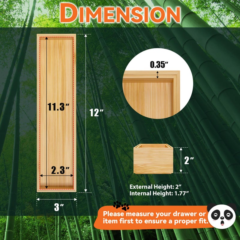 Lixple Bamboo Drawer Organizer, Narrow Stackable Cutlery Tray for Kitchen, 2 Pcs Silverware & Utensil Box, 12" x 3" x 2" (Outer), 11.3" x 2.3" x 1.77" (Inner) - Image 2