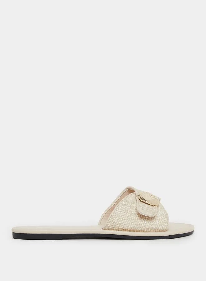Styli Beige Raffia Flat Mules