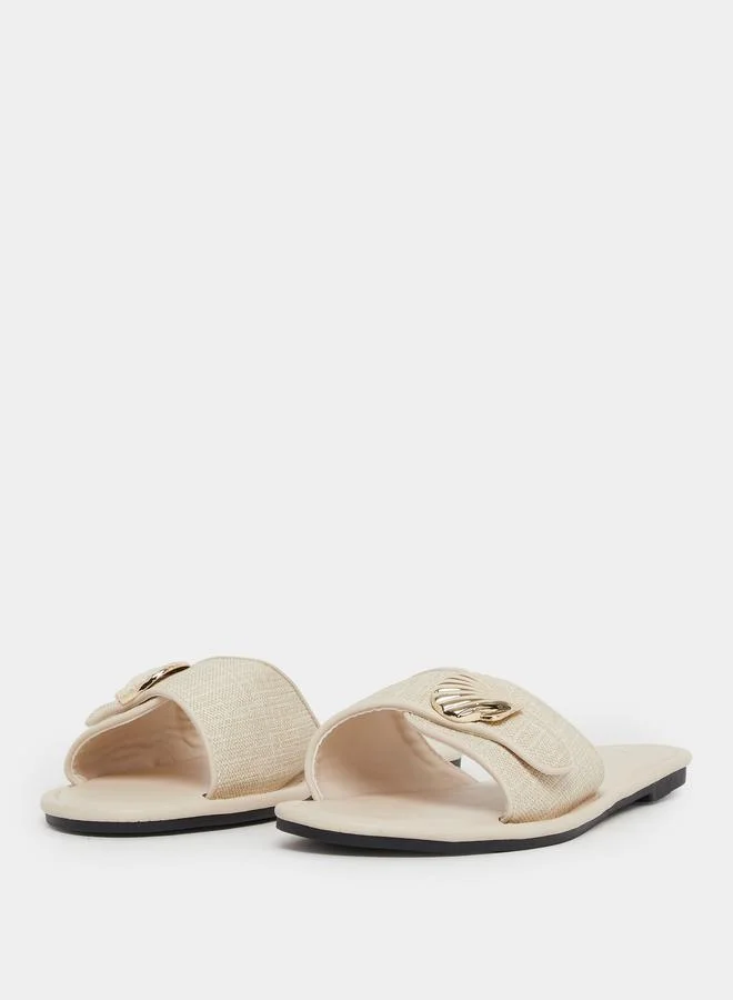 Styli Beige Raffia Flat Mules