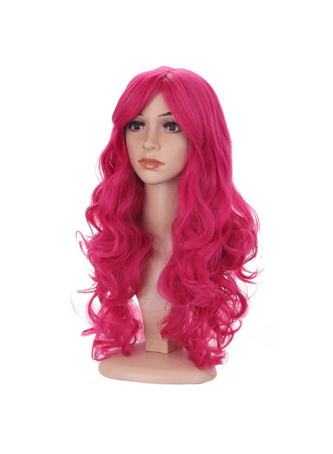 BERON Hot Pink Wig Long Wavy Wig Rose Pink Wig With Bangs For Women Rose Red Wig Long Curly Wig Hot Pink Wig Synthetic Wig With Wig Cap - Image 3