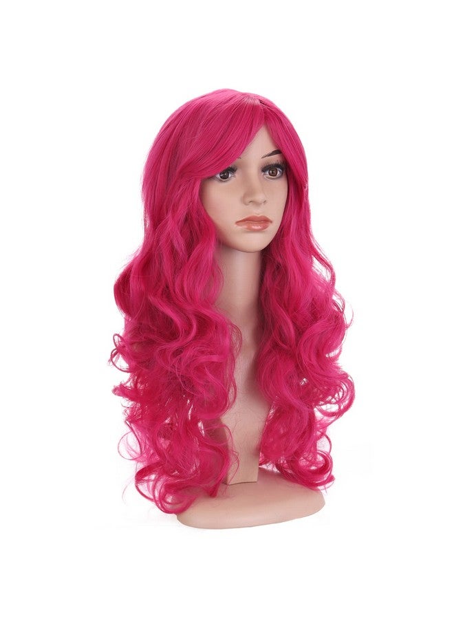 BERON Hot Pink Wig Long Wavy Wig Rose Pink Wig With Bangs For Women Rose Red Wig Long Curly Wig Hot Pink Wig Synthetic Wig With Wig Cap - Image 4
