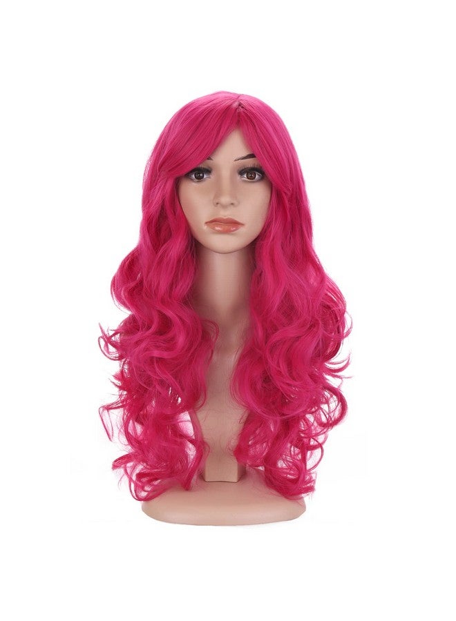 BERON Hot Pink Wig Long Wavy Wig Rose Pink Wig With Bangs For Women Rose Red Wig Long Curly Wig Hot Pink Wig Synthetic Wig With Wig Cap - Image 2