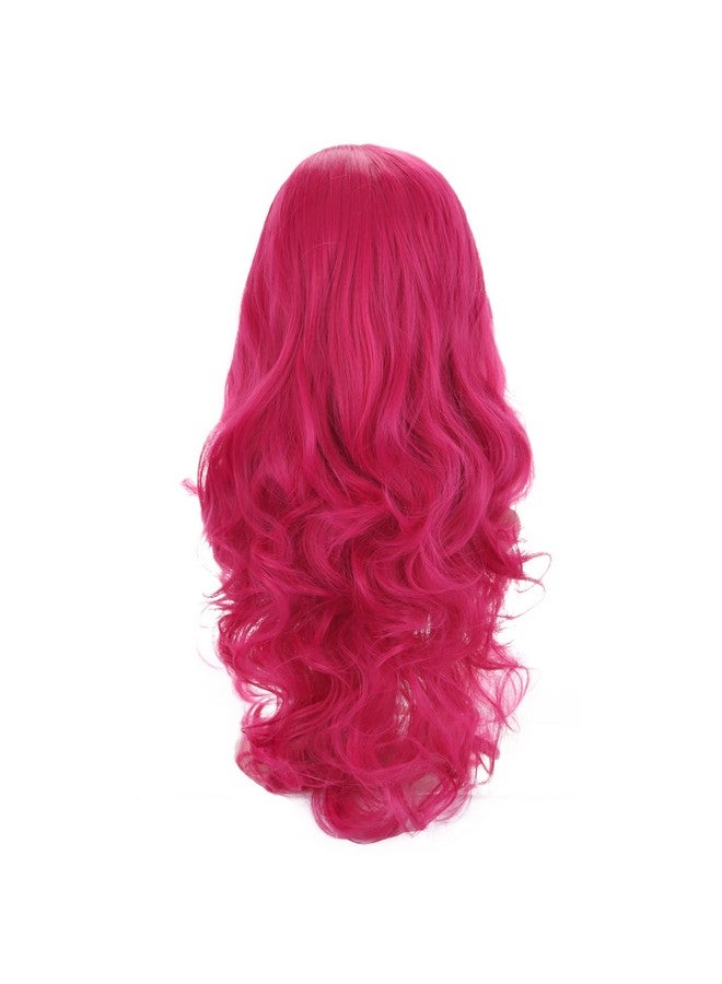 BERON Hot Pink Wig Long Wavy Wig Rose Pink Wig With Bangs For Women Rose Red Wig Long Curly Wig Hot Pink Wig Synthetic Wig With Wig Cap - Image 5