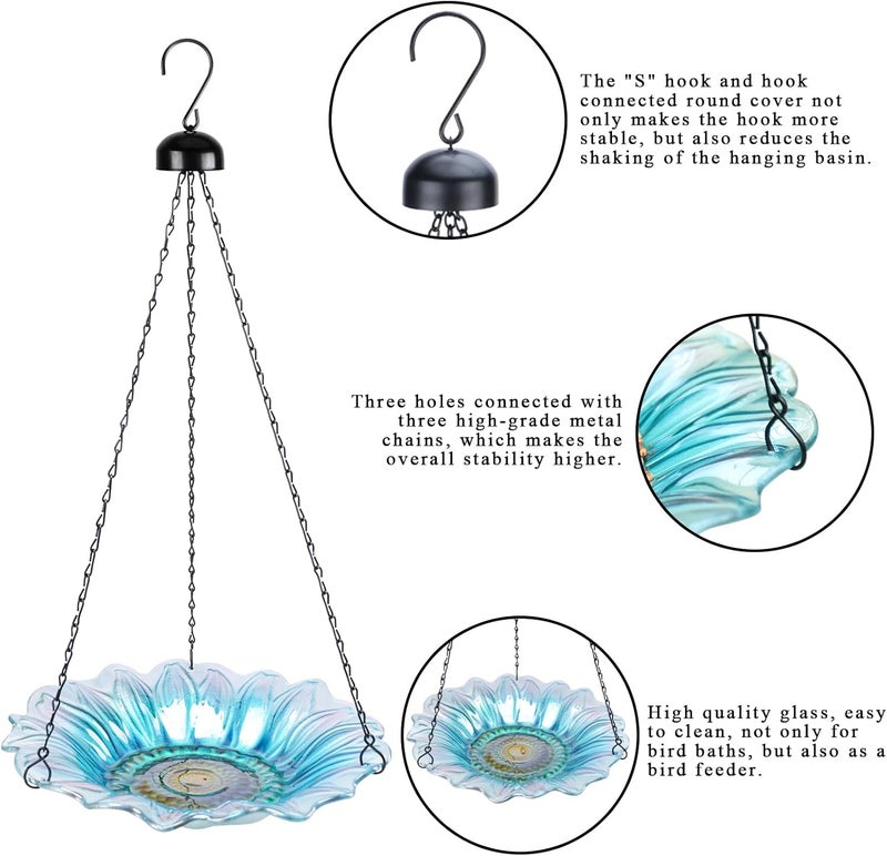 VCUTEKA Bird Bath, Glass Hanging Bird Baths for Outdoors Birdfeeder with 21 inch Rust-Proof Chain for Garden Yard Decor, Blue Daisy - Image 5