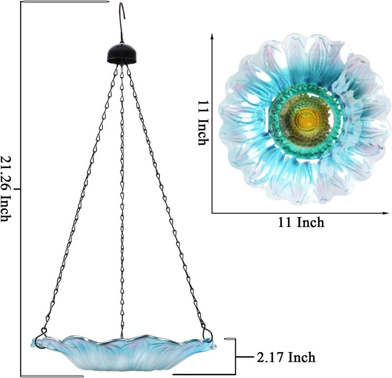 VCUTEKA Bird Bath, Glass Hanging Bird Baths for Outdoors Birdfeeder with 21 inch Rust-Proof Chain for Garden Yard Decor, Blue Daisy - Image 2