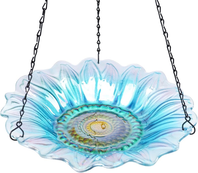VCUTEKA Bird Bath, Glass Hanging Bird Baths for Outdoors Birdfeeder with 21 inch Rust-Proof Chain for Garden Yard Decor, Blue Daisy - Image 1