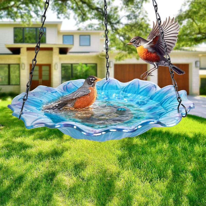 VCUTEKA Bird Bath, Glass Hanging Bird Baths for Outdoors Birdfeeder with 21 inch Rust-Proof Chain for Garden Yard Decor, Blue Daisy - Image 3