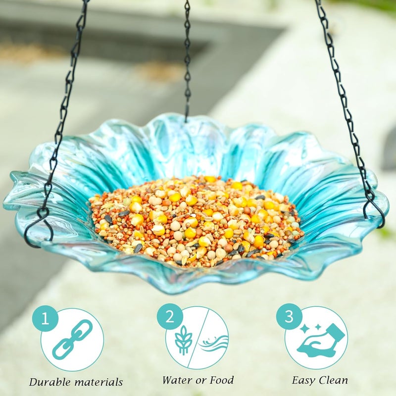 VCUTEKA Bird Bath, Glass Hanging Bird Baths for Outdoors Birdfeeder with 21 inch Rust-Proof Chain for Garden Yard Decor, Blue Daisy - Image 4
