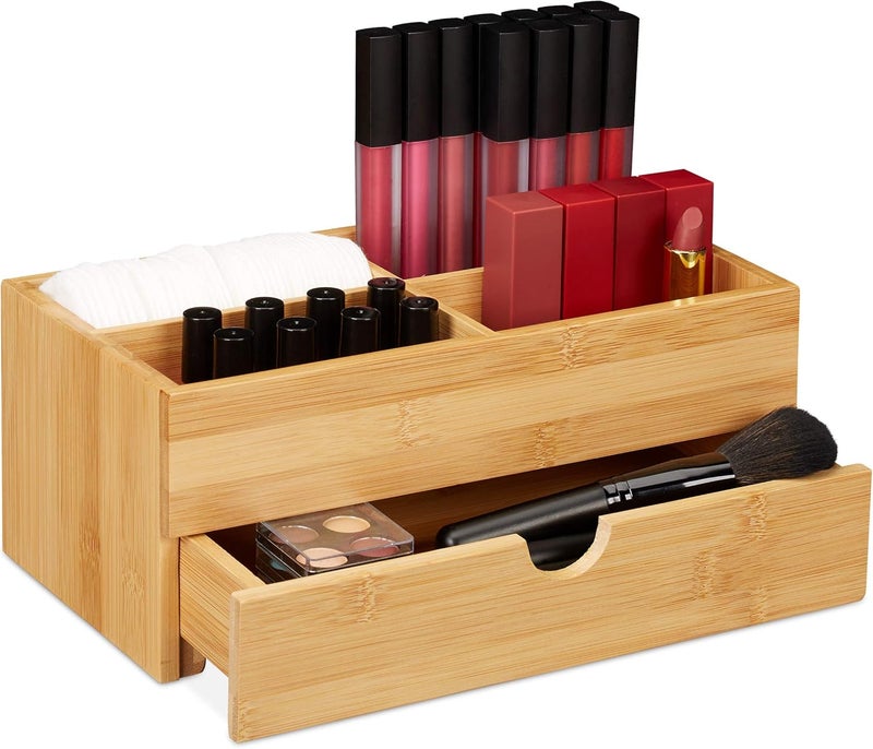 Relaxdays Bamboo Cosmetics Organiser Multifunctional 4 Compartments Drawer Desk Storage Natural