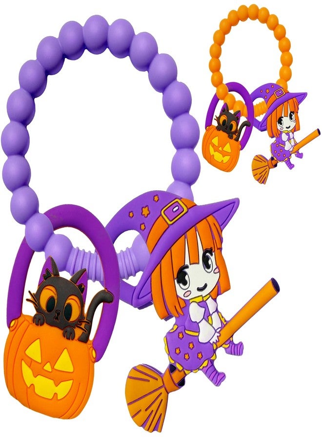 BIGSPINACH Halloween Teething Ring, Silicone Baby Teether with Witch and Cat Design, BPA-Free Infant Teething Toy, Easy to Hold,Safe for Babies and Toddlers (Colorful, Skull & Witch Hat) 2PC - Image 1