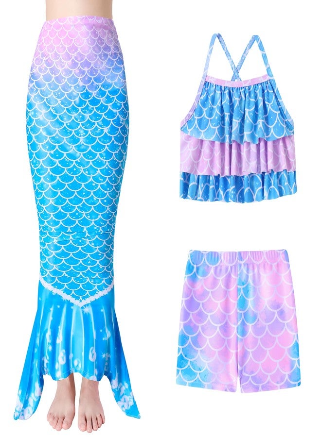 Ghteas Girls Swimsuit Mermaid Swimwear Ruffle Top with Boyshort Bikini Fish Tail Set Summer Quick Dry Mermaid Skirt Outfit Size 8 9 - Image 3