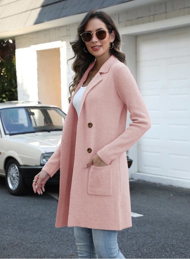 VIMPUNEC Women's Open Front Long Cardigan Sweaters Fall Casual Knit Jackets Coatigan with Pockets, Pink, XL - Image 3