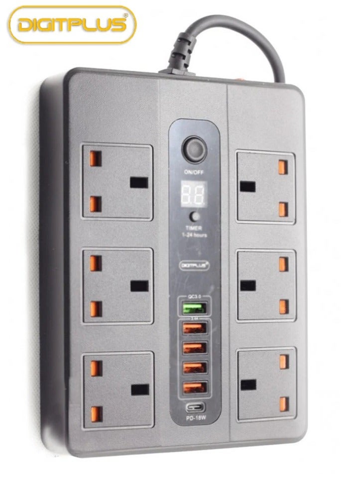 ديجيتبلس وصيلة كهربائية 3500 واط ديجت بلس 3 متر بمؤقت ذاتي 6 مداخل كهرباء 5 منافذ USB ومنفذ PD تايب سي لون أسود - Image 2