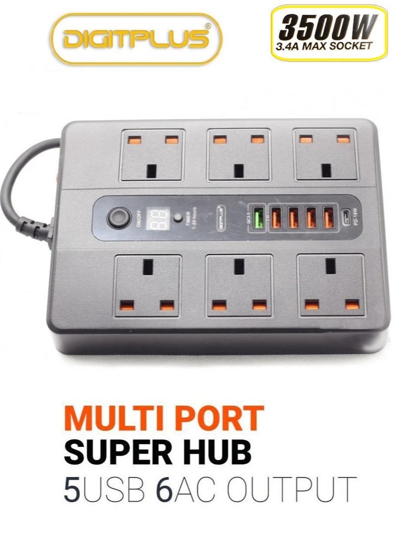 ديجيتبلس وصيلة كهربائية 3500 واط ديجت بلس 3 متر بمؤقت ذاتي 6 مداخل كهرباء 5 منافذ USB ومنفذ PD تايب سي لون أسود - Image 1