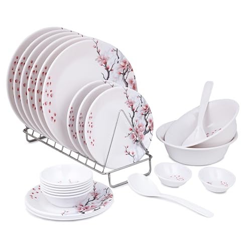 Golden Fish Melamine 24 Pieces Dinner Set – Durable, Stylish, BPA-Free Tableware, Crockery Set for Dining & Gifting | Plates & Bowls (Floral-2) - Image 1
