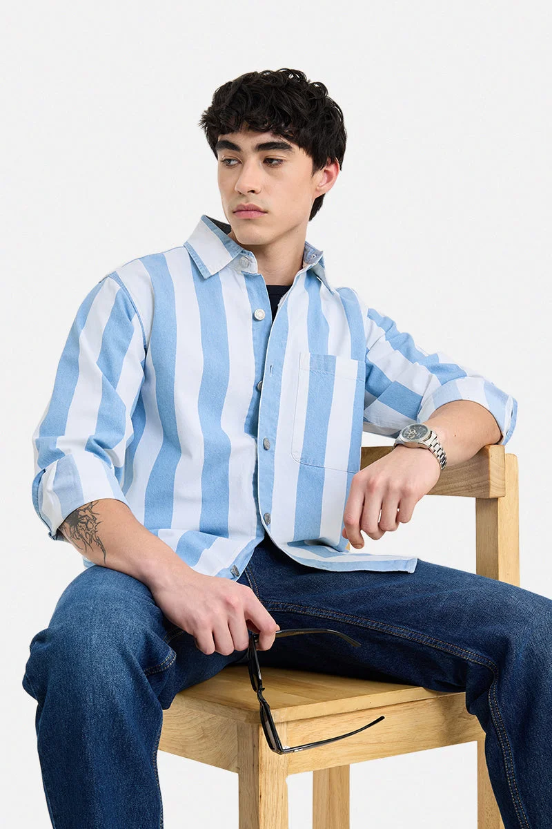 سنيتش Light Blue Striped Long Sleeve Loose Fit Overshirt
