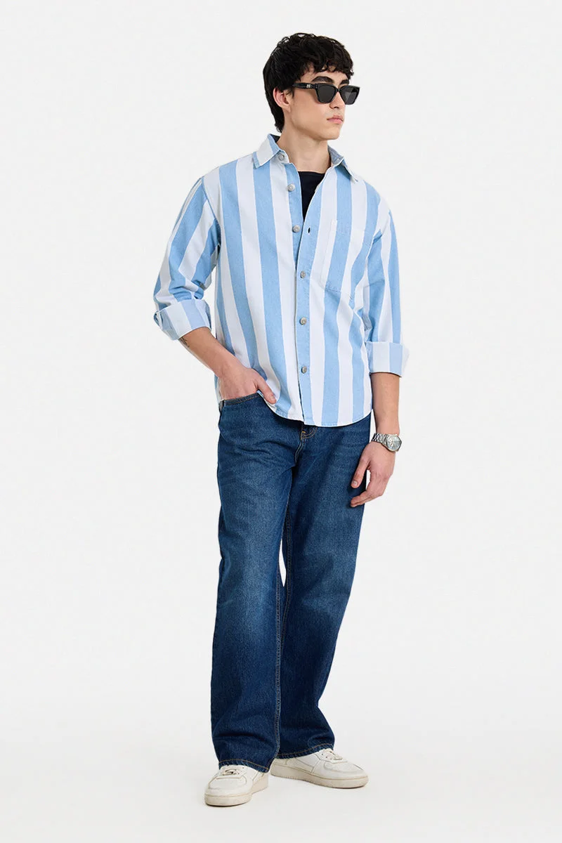 سنيتش Light Blue Striped Long Sleeve Loose Fit Overshirt