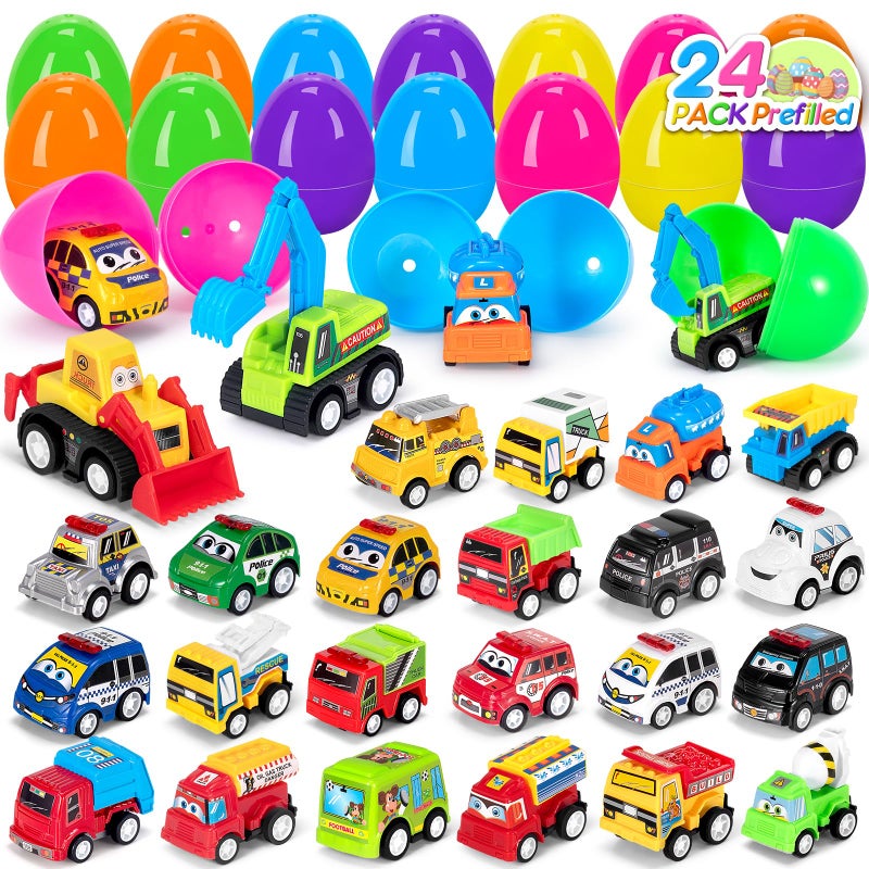 SUGFUT 24 PCS Prefilled Easter Eggs with Toys Pull Back Cars Easter Basket Stuffers for Toddler Gifts for Kids - Easter Party Favors - Image 1