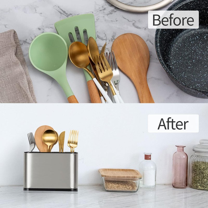 PASHANDOZ Stainless Steel Kitchen Utensil Holder Drainer Cooking Cutlery Holder Countertop Organizer 4 Divided Utensil Caddy Counter for Spoon Fork Spatula Utensil Crock Holder Silverware Caddy - Image 2