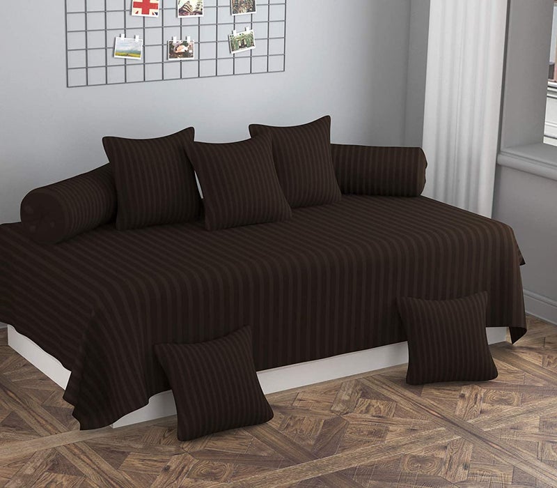 Castiqa Satin Fabric Stripes Patter Diwan Blend Set of 8 Pcs One Single Bed Sheet with 5 Cushions Covers and 2 Bolster Covers (Brown) - Image 5