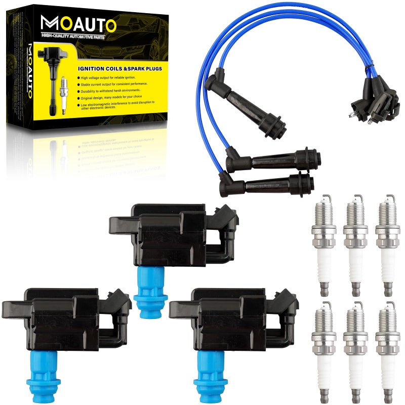 MOAUTO Set of 3 Ignition Coils Pack 9091902216 UF228 6 PCS Iridium Spark Plugs with Wire Set Compatible with Toyota Lexus 20012005 IS300 19982000 SC300 19982005 GS300 Supra 30L V6