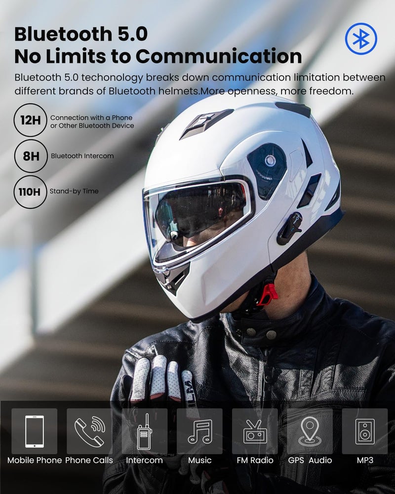 ILM خوذة دراجة نارية كاملة الوجه مع تقنية بلوتوث مدمجة قابلة للطي مع درع شمس وموديل MP3 إنتركم 953 (S، أسود غير لامع) - Image 2