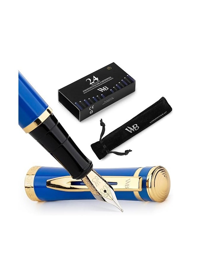 Wordsworth & Black Wordsworth & Black Fountain Pen Set, 18K Gilded Medium Nib, Includes 24 Pack Ink Cartridges, Ink Refill Converter & Gift Pouch, Gold Finish, Calligraphy, [Imperial Blue], Perfect for Men & Women  - Image 1