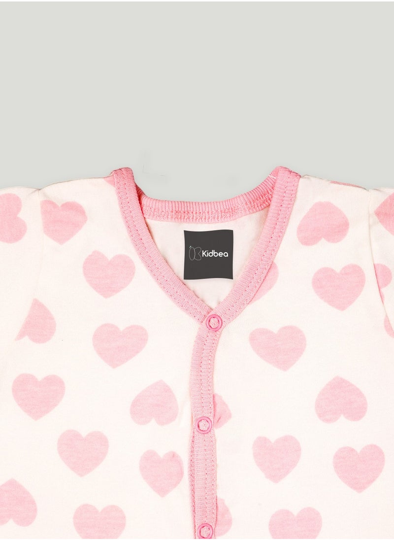 Kidbea - Kidbea  Organic Cotton fabric full sleeves & full buttons Romper | Heart | Pink - Image 1