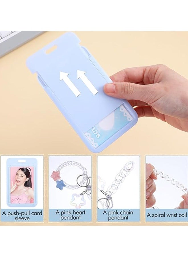 Photocard Holder Keychain, ID Badge Credit Card Display Frame with Spiral Wrist Coil Idol Photo Display Organizer Hard Shell Protective Photo Sleeves for Bus Student Protector(Blue) v - Image 2