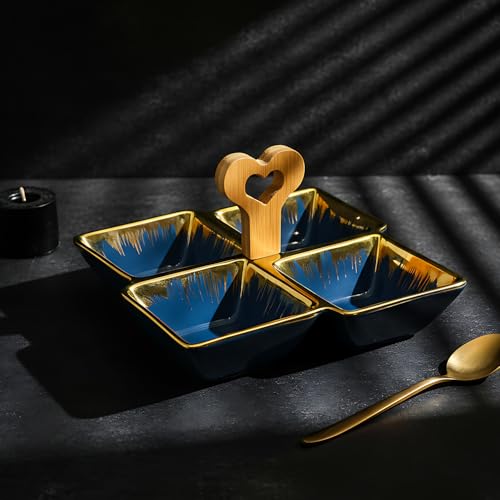 LEMON TREE Ceramic Quad-Part Platter with Bamboo Handle & Golden Rim Design | Serving Tray for Nuts, Chips, Snacks, Desserts, Fruits, Dips, Chutney, Pickles (Blue) - Image 4
