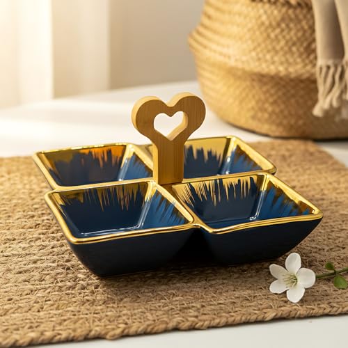 LEMON TREE Ceramic Quad-Part Platter with Bamboo Handle & Golden Rim Design | Serving Tray for Nuts, Chips, Snacks, Desserts, Fruits, Dips, Chutney, Pickles (Blue) - Image 1
