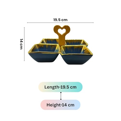 LEMON TREE Ceramic Quad-Part Platter with Bamboo Handle & Golden Rim Design | Serving Tray for Nuts, Chips, Snacks, Desserts, Fruits, Dips, Chutney, Pickles (Blue) - Image 2