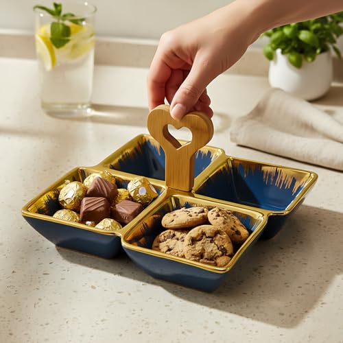 LEMON TREE Ceramic Quad-Part Platter with Bamboo Handle & Golden Rim Design | Serving Tray for Nuts, Chips, Snacks, Desserts, Fruits, Dips, Chutney, Pickles (Blue) - Image 5