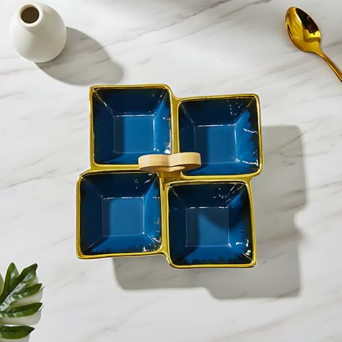 LEMON TREE Ceramic Quad-Part Platter with Bamboo Handle & Golden Rim Design | Serving Tray for Nuts, Chips, Snacks, Desserts, Fruits, Dips, Chutney, Pickles (Blue) - Image 3