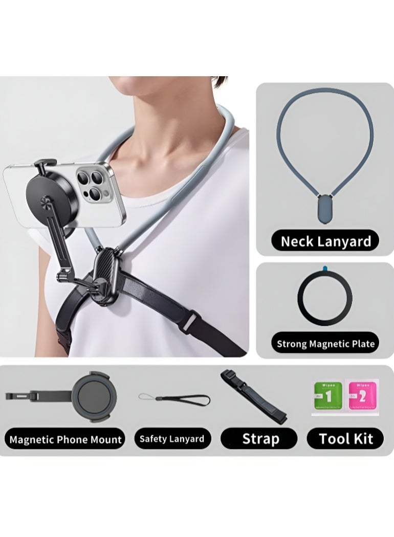 Neck-mounted phone holder with magnetic and clip-on dual fixation, designed for shake-free Vlog/sports first-person perspective shooting - Image 1