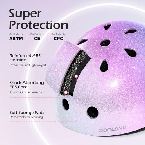 Odoland Kids Bike Helmet, Boys and Girls Sparkling Bicycle Helmet, Suggested Fit 48-55cm, Multi-Sports Adjustable for Skating, Cycling, Skateboard Helmet,Sparkly Rainbow Gradient - Image 3