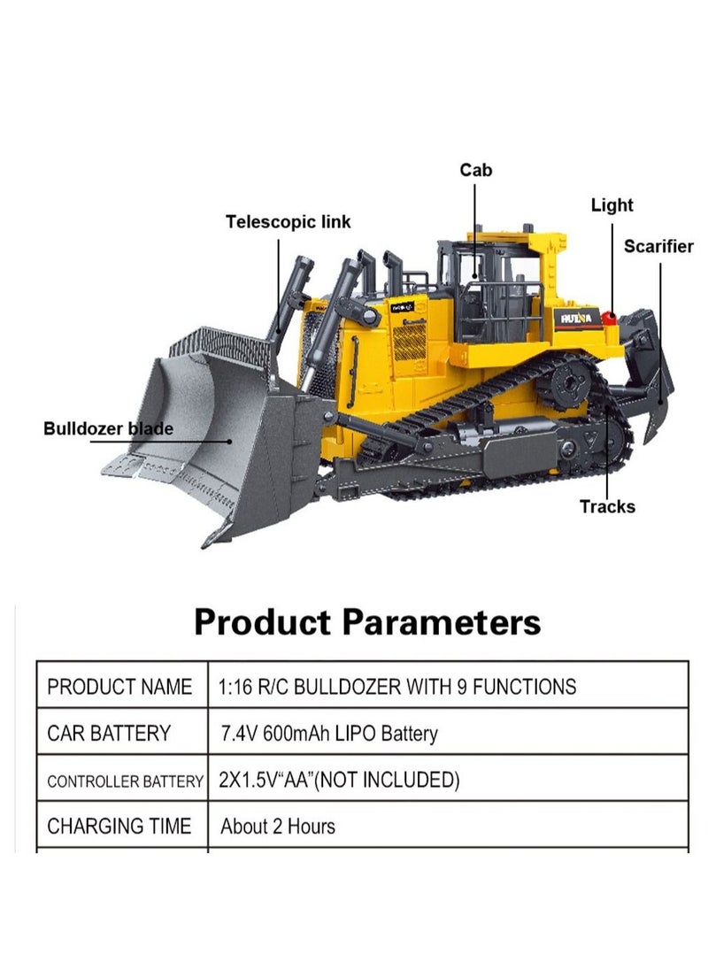 HUINA - RC Bulldozer 1/16 9CH Remote Control Front Loader Tractor 2.4G Construction Vehicles - Image 1