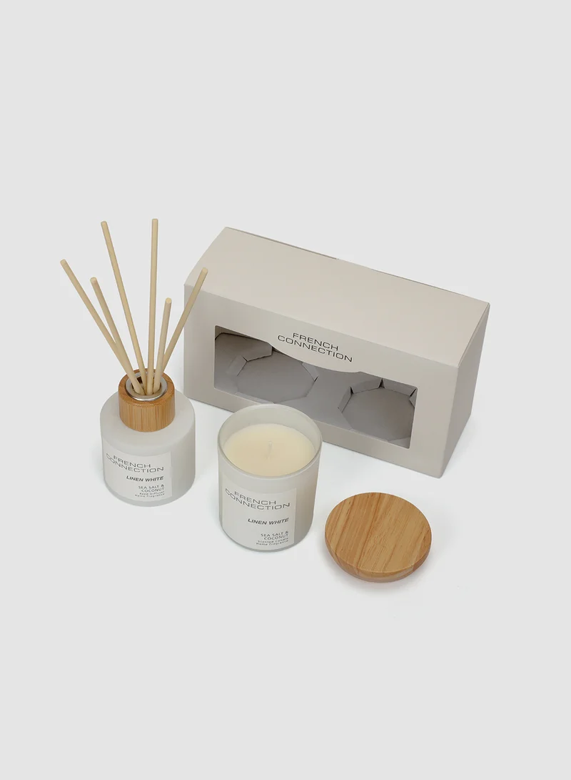 فرنش كونكشن مجموعة هدايا شمعة وناشر أعواد برائحة ملح البحر وجوز الهند من باستيل رينج