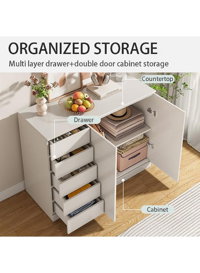 خزانة تخزين بأدراج وباب مزدوج، خزانة بوفيه متعددة الوظائف بطول 120 سم لغرفة المعيشة أو مدخل غرفة النوم، منظم بسعة كبيرة مع سطح عرض (أبيض دافئ، DGC001) - Image 4