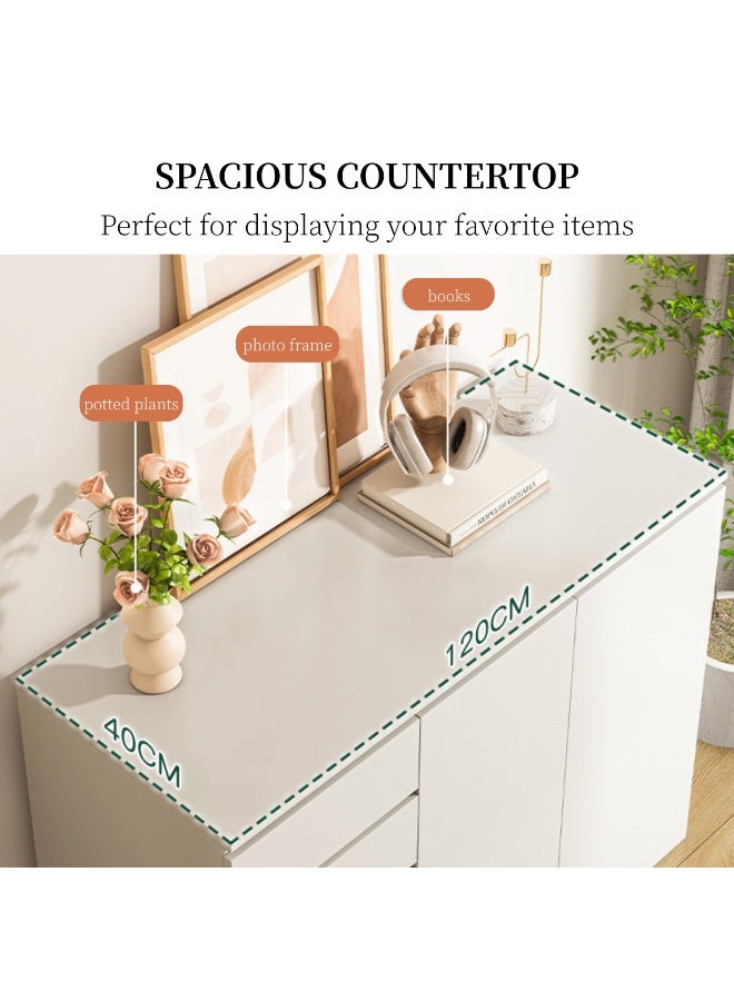 خزانة تخزين بأدراج وباب مزدوج، خزانة بوفيه متعددة الوظائف بطول 120 سم لغرفة المعيشة أو مدخل غرفة النوم، منظم بسعة كبيرة مع سطح عرض (أبيض دافئ، DGC001) - Image 5