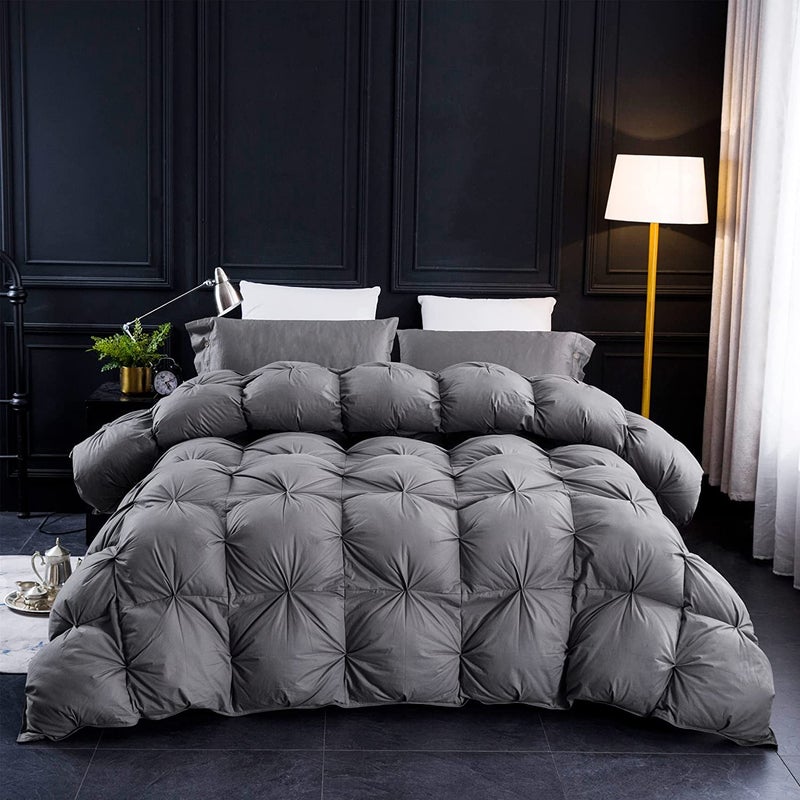 Three Geese Pinch Pleat Waterfowl Feathers and Down Comforter Queen Size Duvet Insert, 1200TC 100% Cotton Fabric, Premium All Seasons Grey Hotel Warm Comforter with 8 Tabs. - Image 2