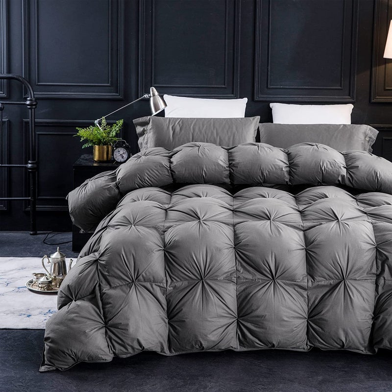 Three Geese Pinch Pleat Waterfowl Feathers and Down Comforter Queen Size Duvet Insert, 1200TC 100% Cotton Fabric, Premium All Seasons Grey Hotel Warm Comforter with 8 Tabs. - Image 1