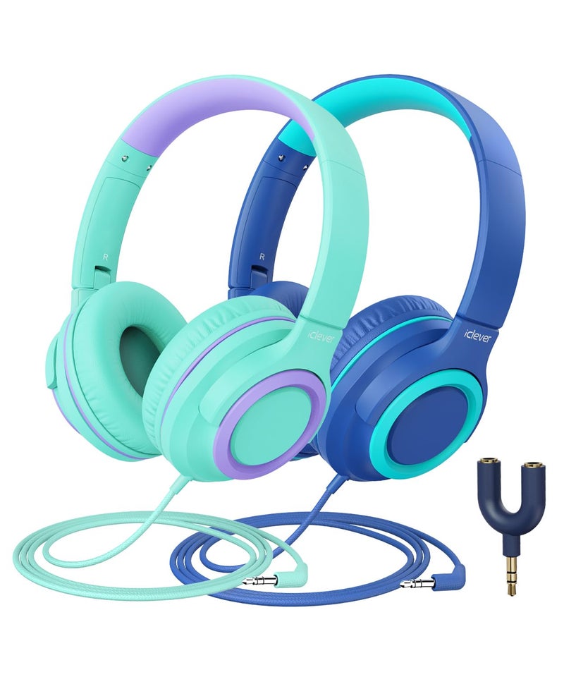 iClever 2Pack Kids Headphones with Sharing Splitter - 85dBA Safe Volume Limited - HS22 Wired Headphones for Kids Teens, Tangle-Free 3.5mm Jack Foldable Stereo for School/Tablet/Travel - Image 1