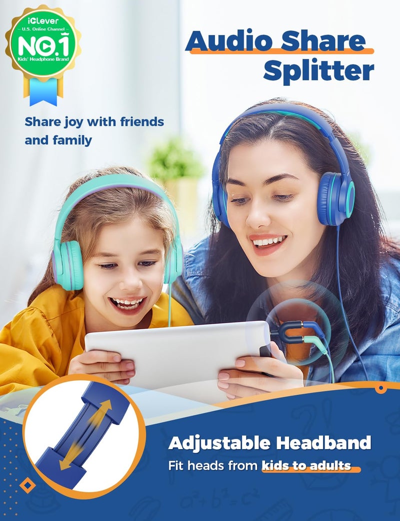 iClever 2Pack Kids Headphones with Sharing Splitter - 85dBA Safe Volume Limited - HS22 Wired Headphones for Kids Teens, Tangle-Free 3.5mm Jack Foldable Stereo for School/Tablet/Travel - Image 2