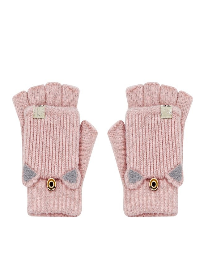 leomoste Winter Warm Convertible Mittens Half Fingerless Plush Knitted Lined Cartoon Gloves for 6-12 Years Old Boys Girls - Image 1