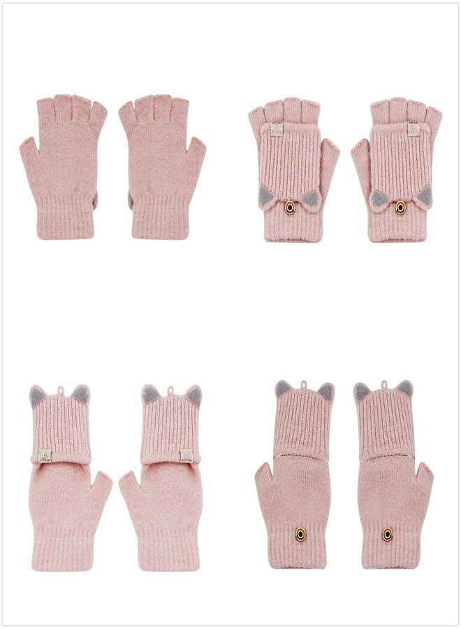 leomoste Winter Warm Convertible Mittens Half Fingerless Plush Knitted Lined Cartoon Gloves for 6-12 Years Old Boys Girls - Image 2